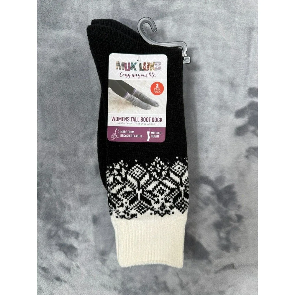 Muk Luks Women’s 2 Pair Pack Tall Boot Socks Mid-Calf Height size 6-11 Black
